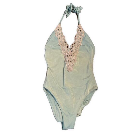 Blue Life Green Beige Lace Scrunch Butt One Piece Bathing suit Swim Suit Medium - Picture 1 of 6